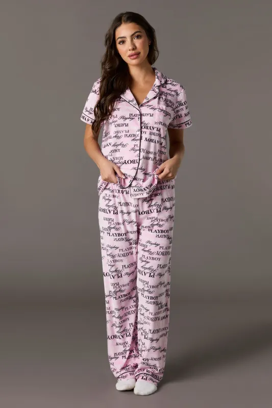Playboy Printed Velour Collared Top & Pant Pajama Set sold by Urban Planet