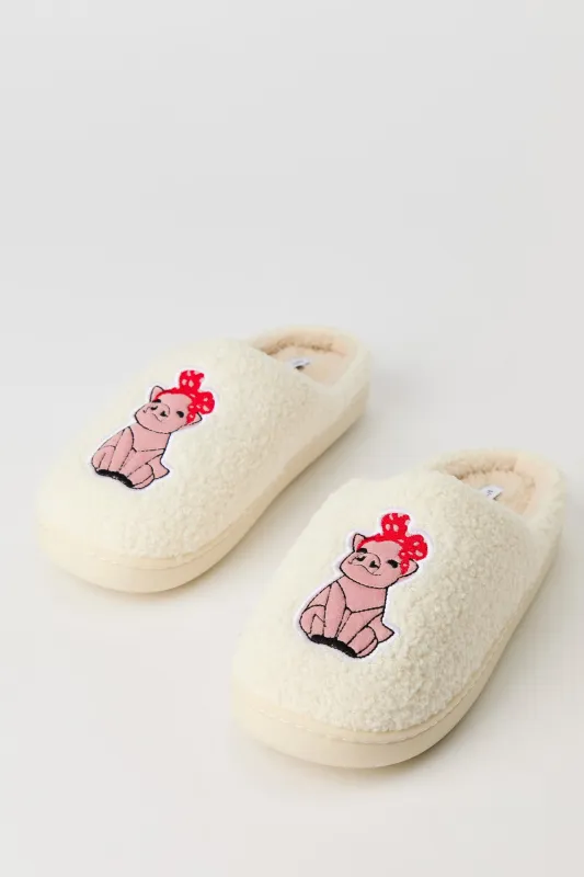 Pig Embroidered Sherpa Slippers sold by Urban Planet