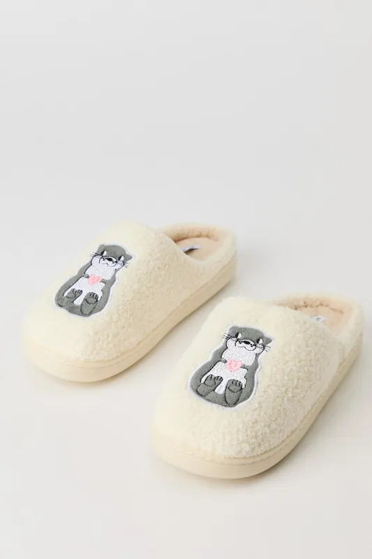 Otter Embroidered Sherpa Slippers sold by Urban Planet