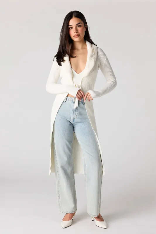 Faux Fur Collared Longline Cardigan sold by Urban Planet