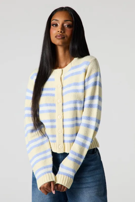 Striped Mossy Knit Button-Up Cardigan sold by Urban Planet