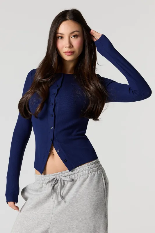 Ribbed Button-Up Long Sleeve Top sold by Urban Planet