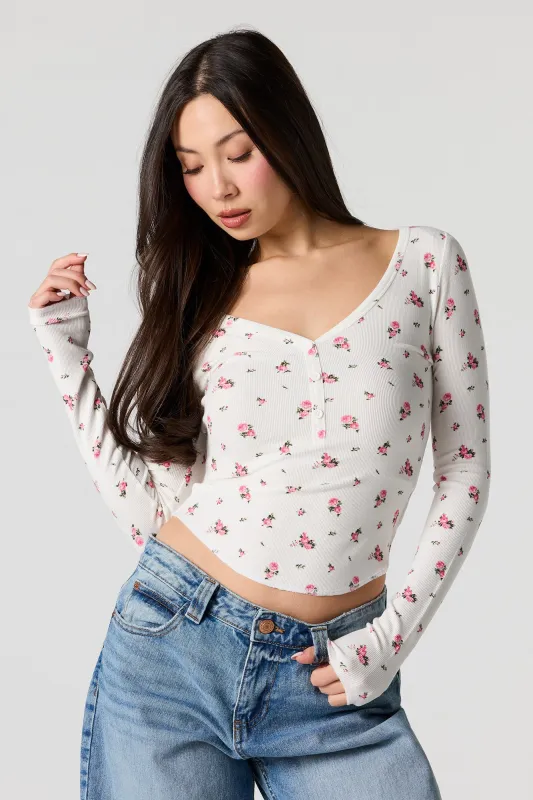 Ribbed V-Neck Henley Long Sleeve Top sold by Urban Planet