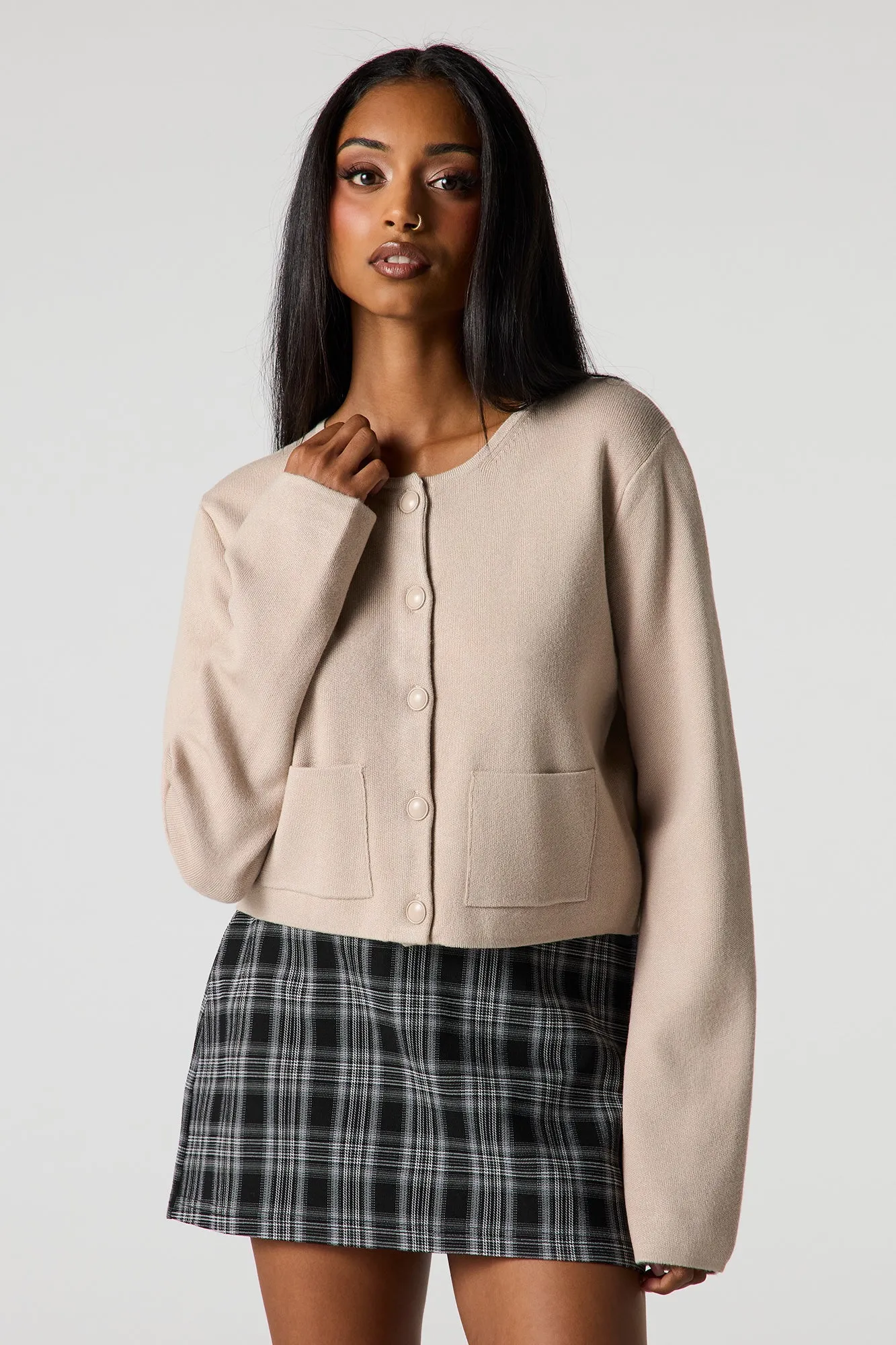 Knit Button-Up Crew Neck Cardigan sold by Urban Planet