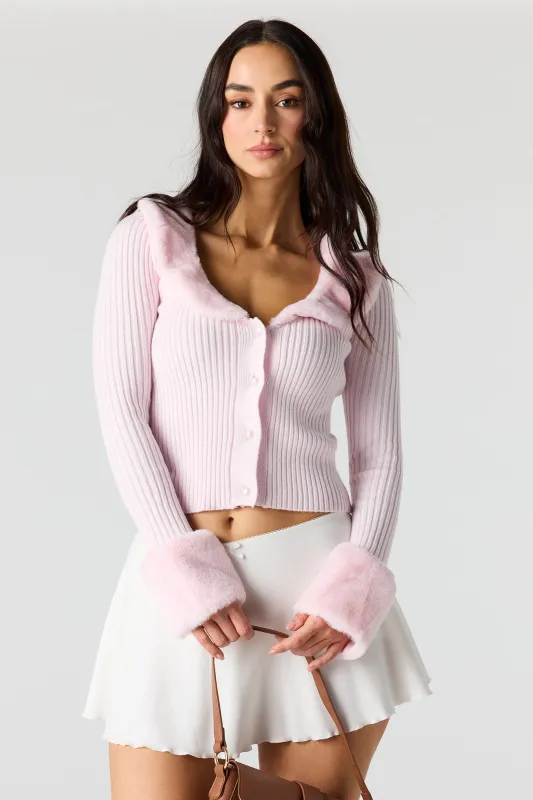 Faux Fur Trim Button-Up Sweater sold by Urban Planet