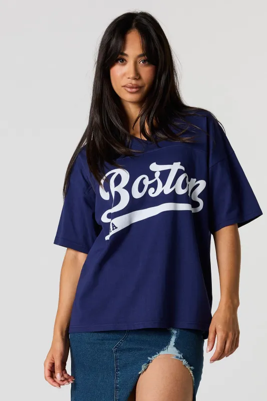 Boston Flocked Print V-Neck T-Shirt sold by Urban Planet