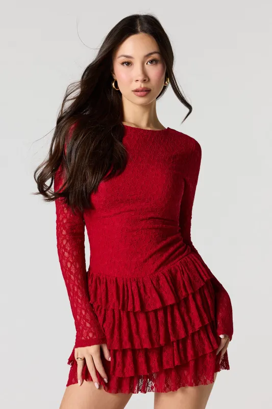 Long Sleeve Lace Ruffled Tiered Mini Dress sold by Urban Planet