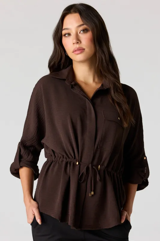 Drawstring Waist Button-Up Top sold by Urban Planet