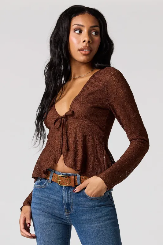 Lace Self-Tie Long Sleeve Flyaway Top sold by Urban Planet
