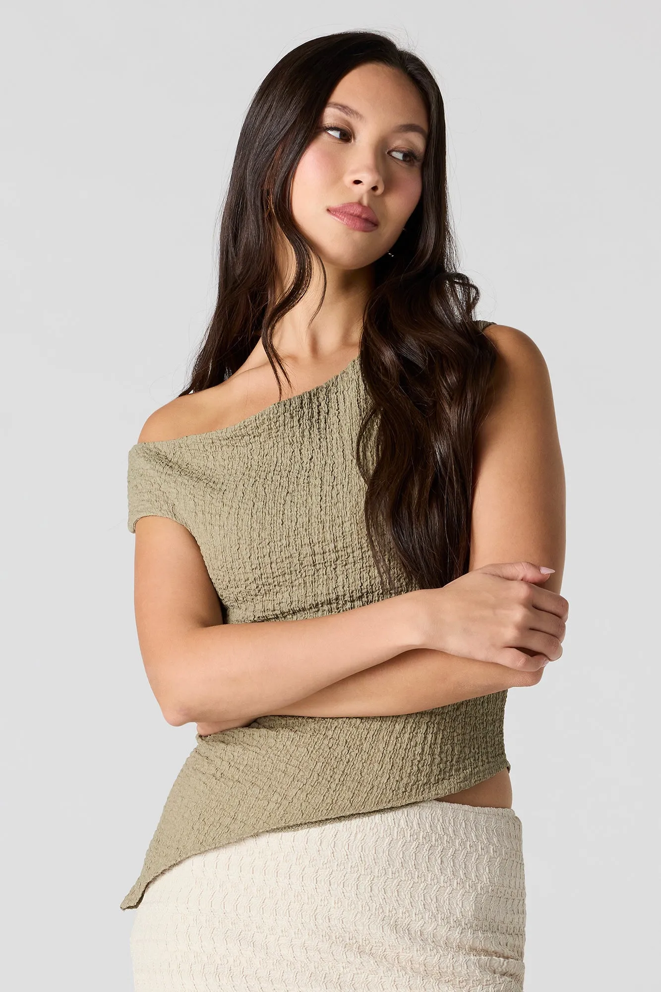 Textured One Shoulder Asymmetrical Top sold by Urban Planet