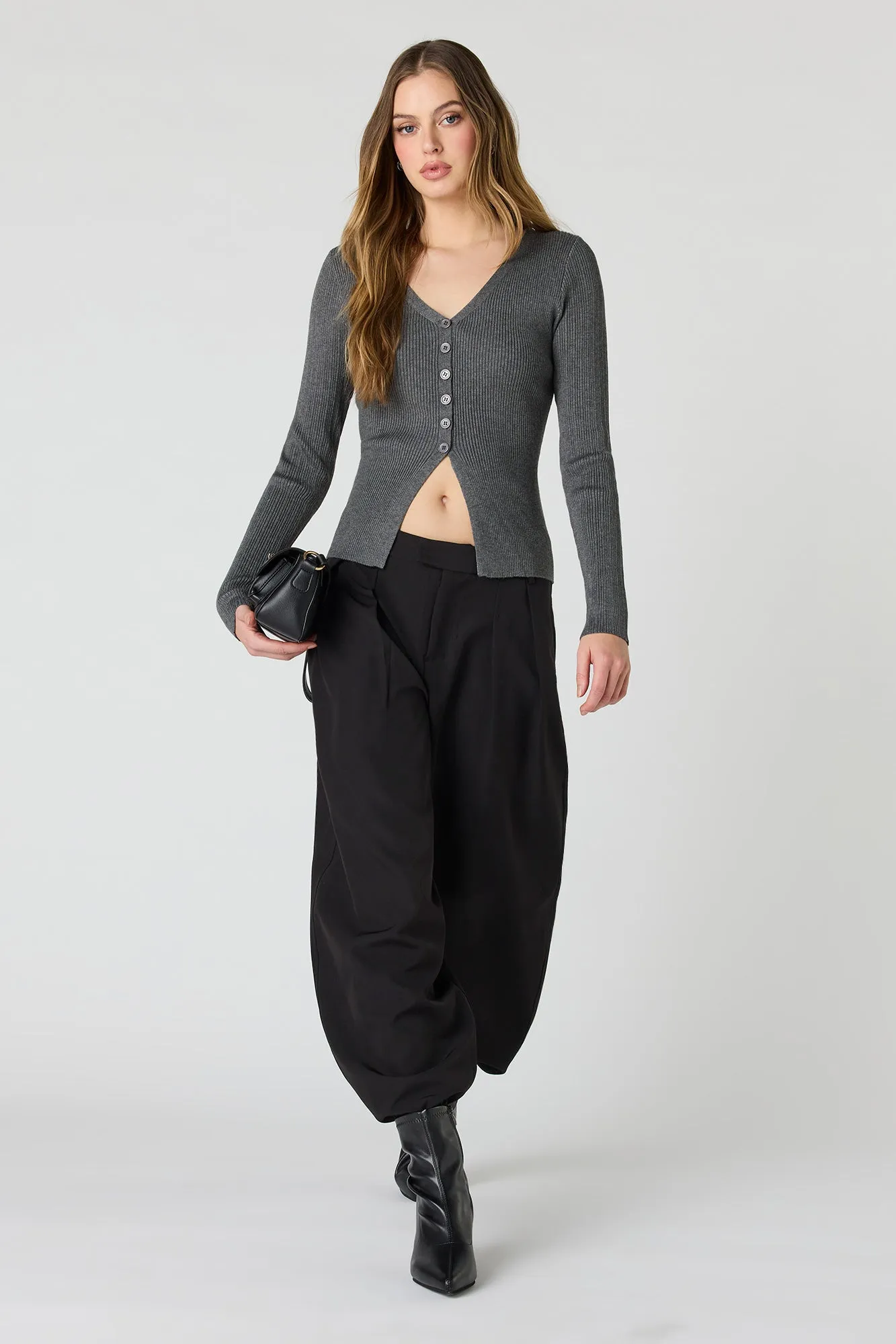 Ribbed Knit Flyaway Button-Up Cardigan sold by Urban Planet product image thumbnail 3