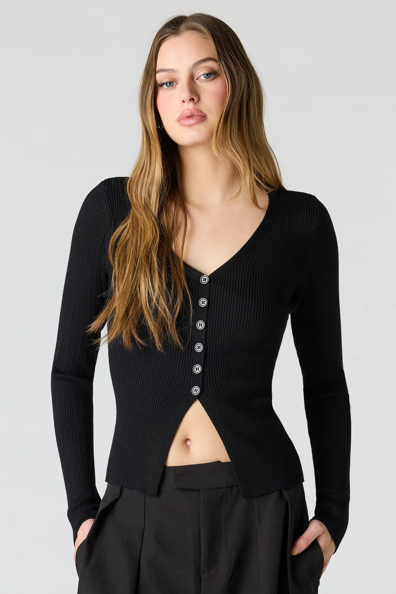 Ribbed Knit Flyaway Button-Up Cardigan sold by Urban Planet product image thumbnail 4