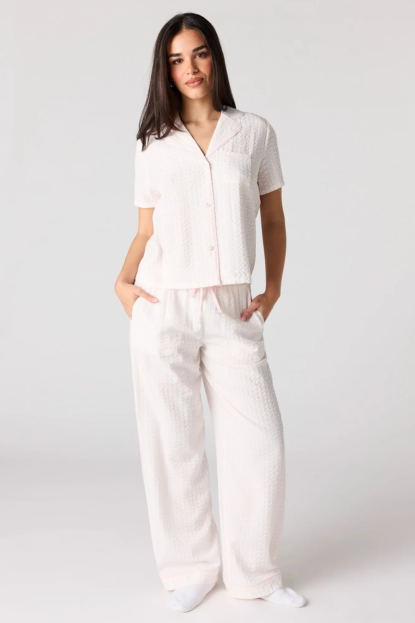 Striped Button-Up Top & Pant Pajama Set sold by Urban Planet product image thumbnail 4