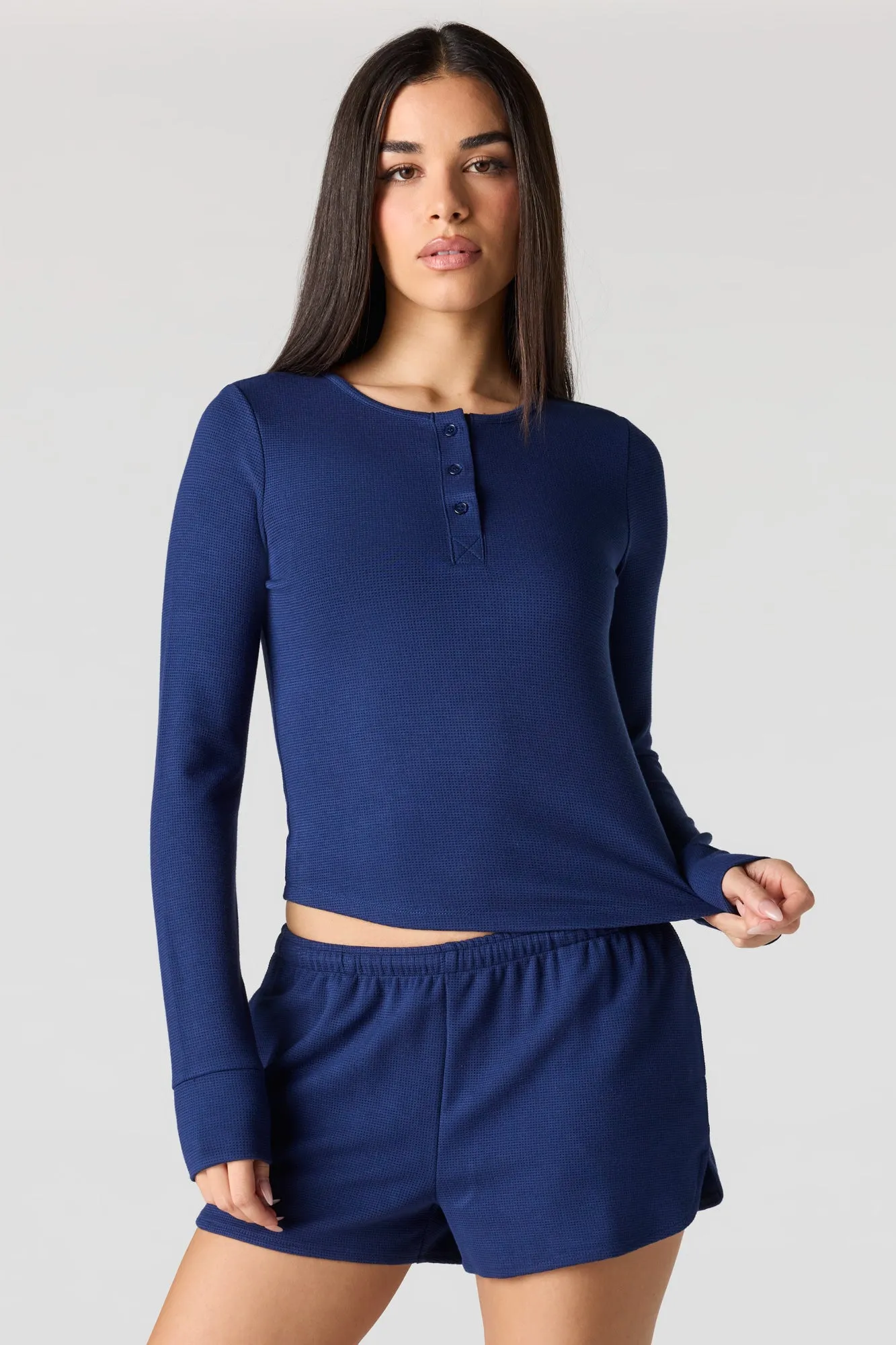 Waffle Knit Long Sleeve Henley sold by Urban Planet