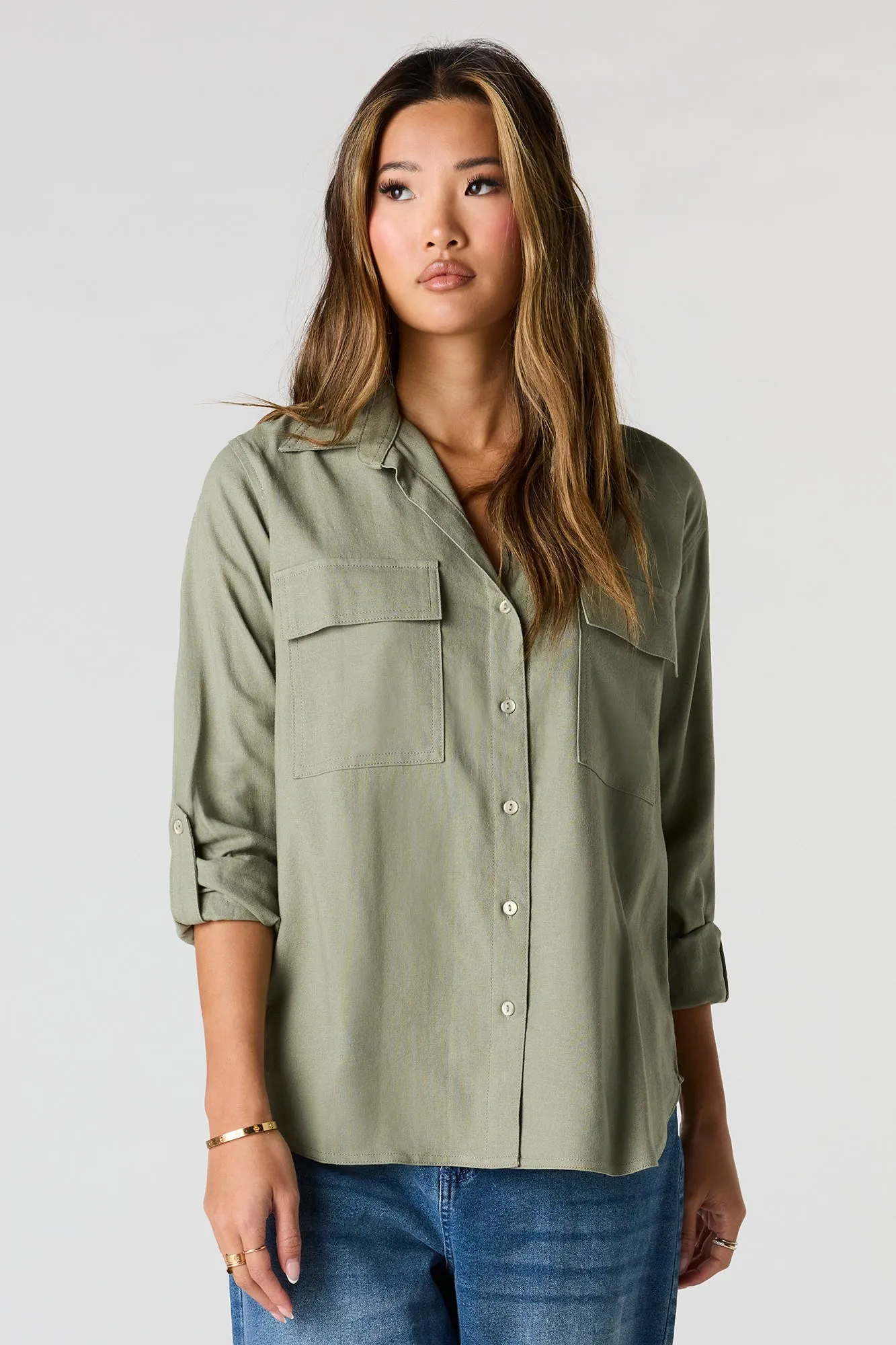 Linen-Blend Relaxed Button-Up Top sold by Urban Planet