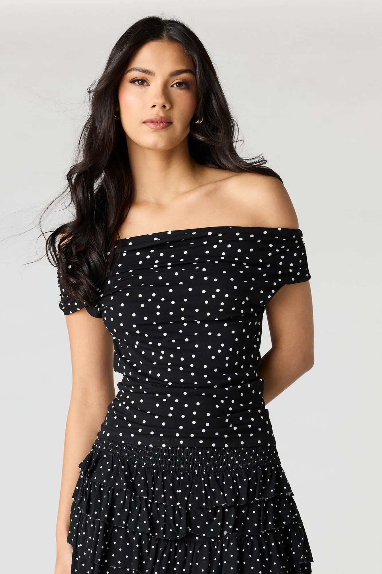 Ruched Off Shoulder Top sold by Urban Planet