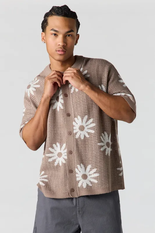 Floral Jacquard Knit Button-Up Top sold by Urban Planet
