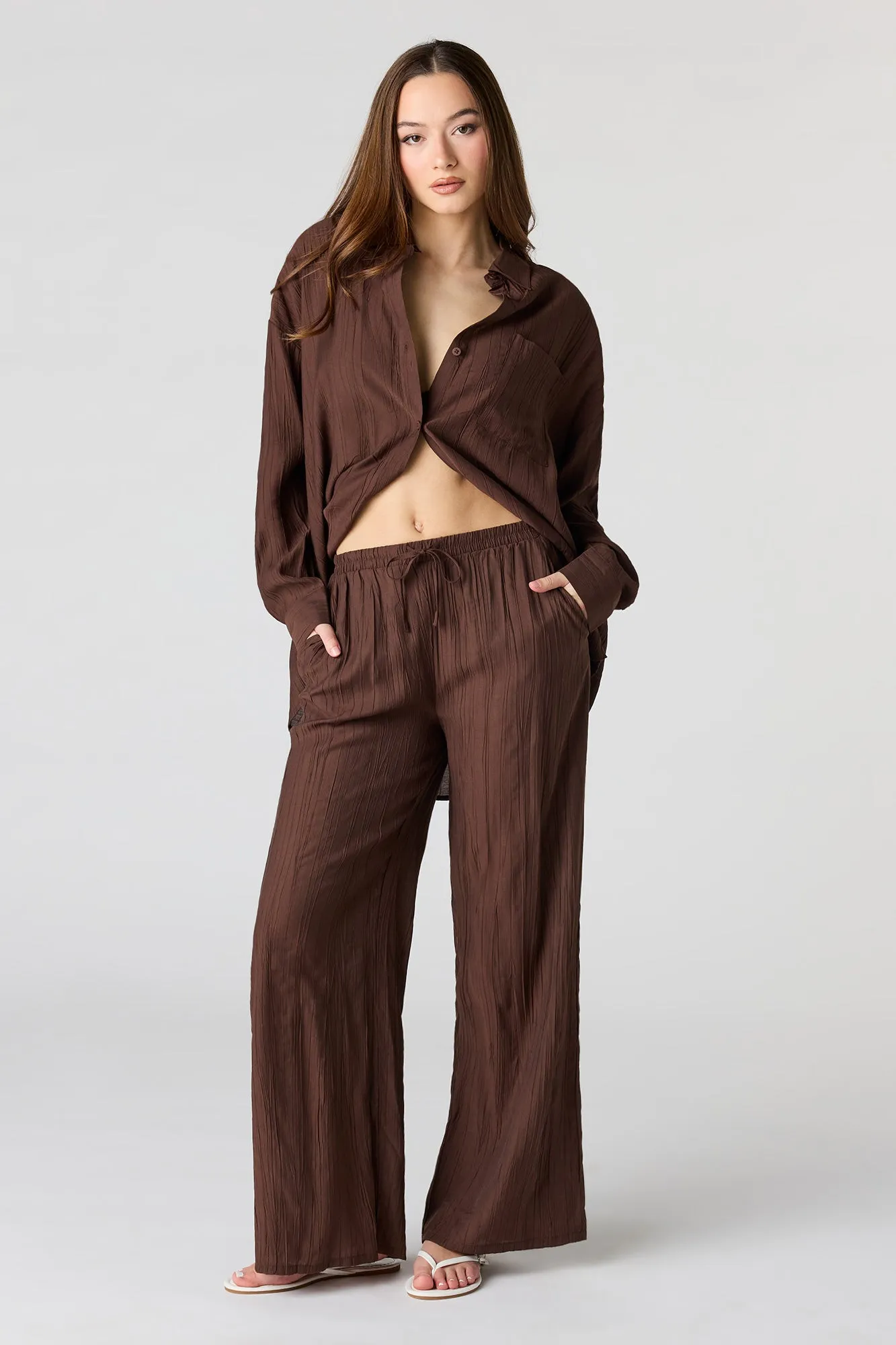 Textured Drawstring Flowy Wide Leg Pant sold by Urban Planet