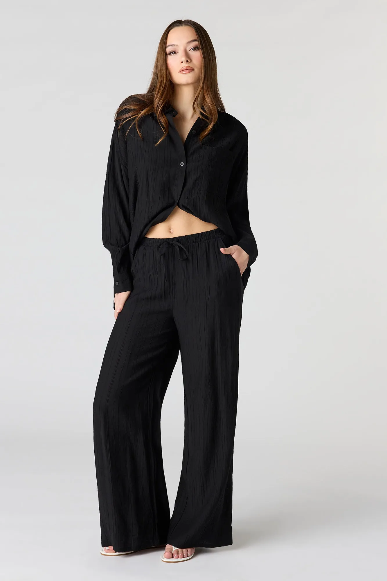 Textured Drawstring Flowy Wide Leg Pant sold by Urban Planet product image thumbnail 4