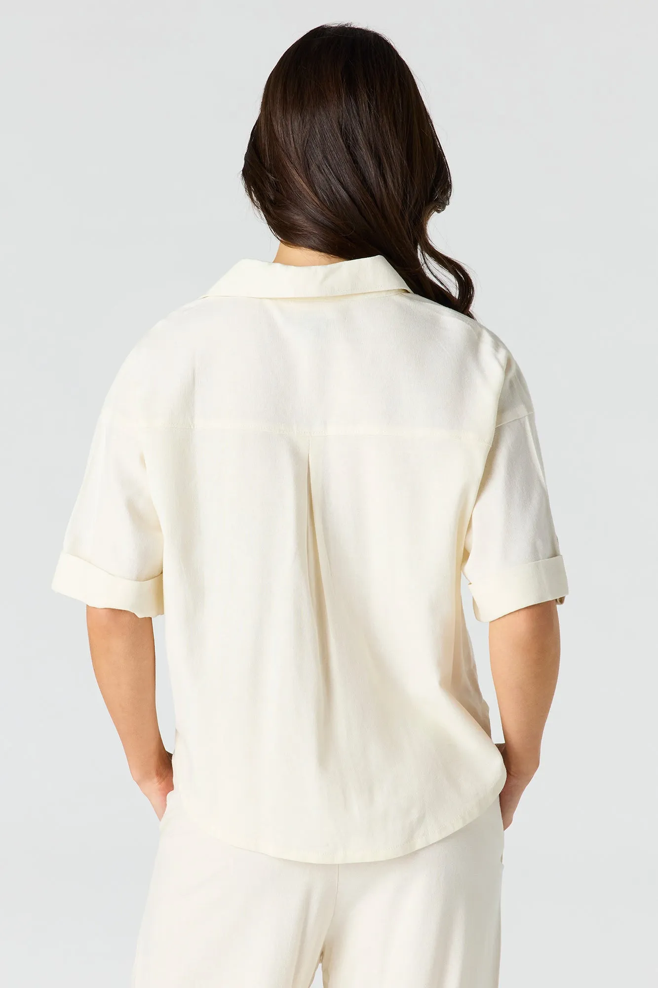 Linen-Blend Button-Up Collared Crop Top sold by Urban Planet product image thumbnail 5