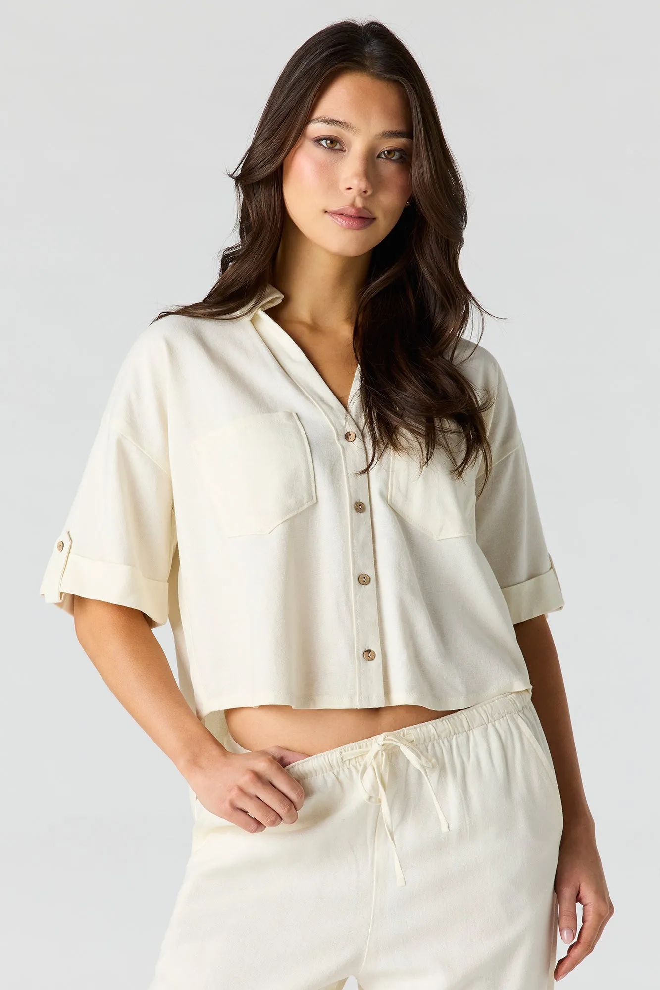 Linen-Blend Button-Up Collared Crop Top sold by Urban Planet product image thumbnail 4