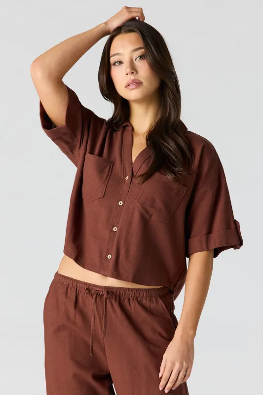 Linen-Blend Button-Up Collared Crop Top made by Urban Planet