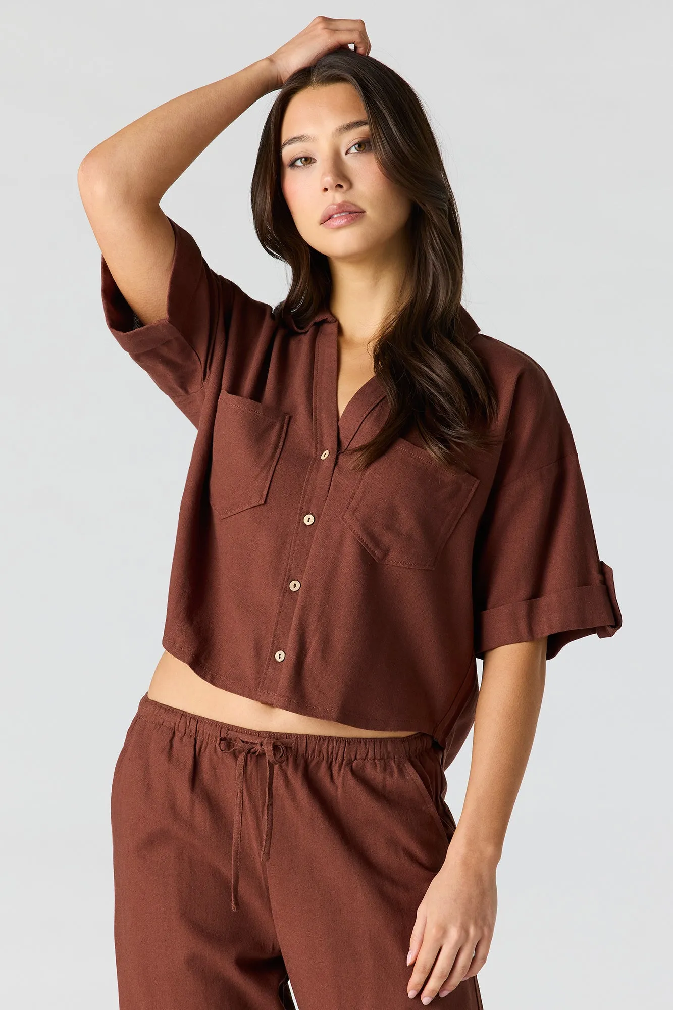Linen-Blend Button-Up Collared Crop Top sold by Urban Planet