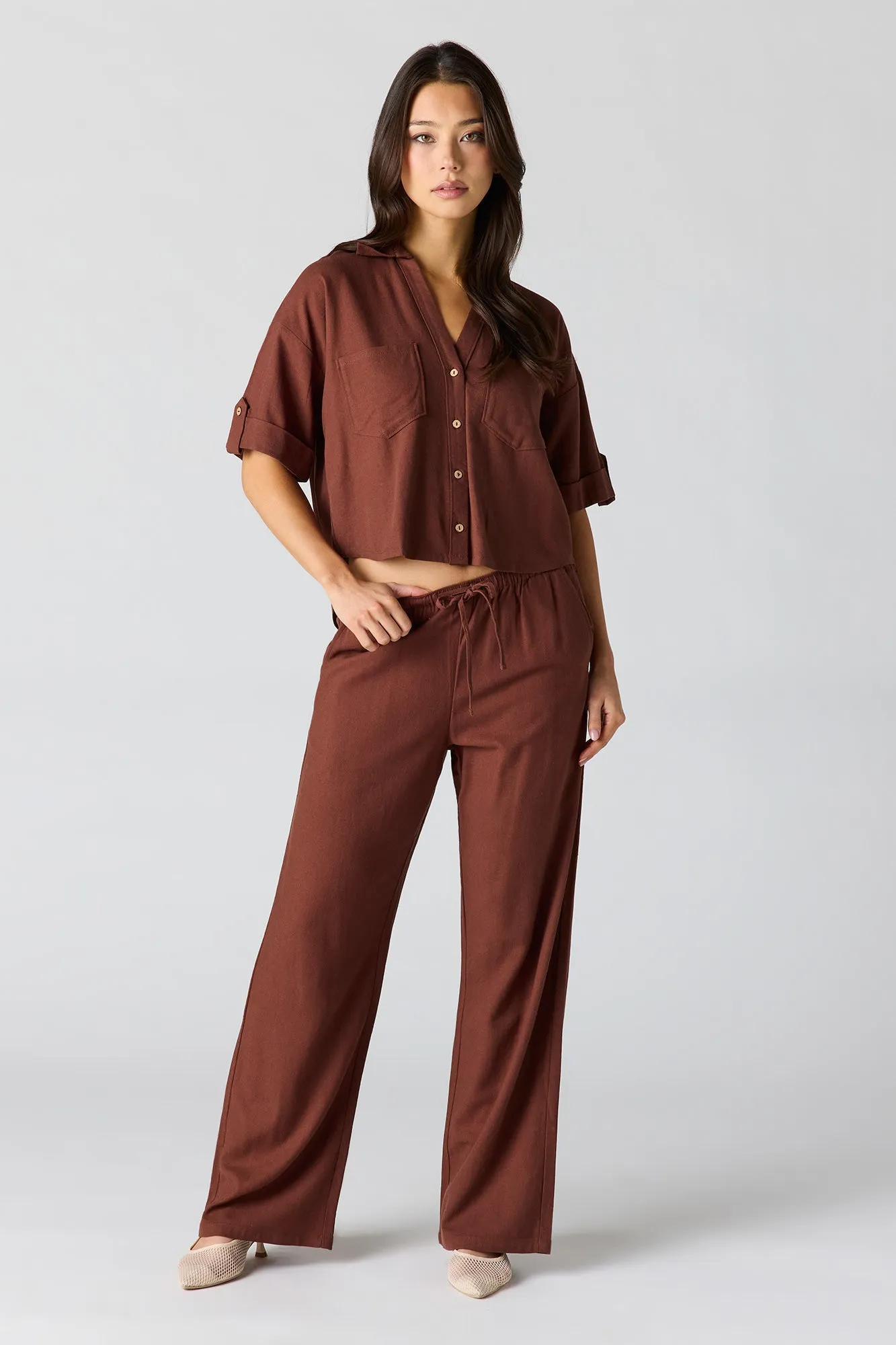 Linen-Blend Button-Up Collared Crop Top sold by Urban Planet product image thumbnail 3