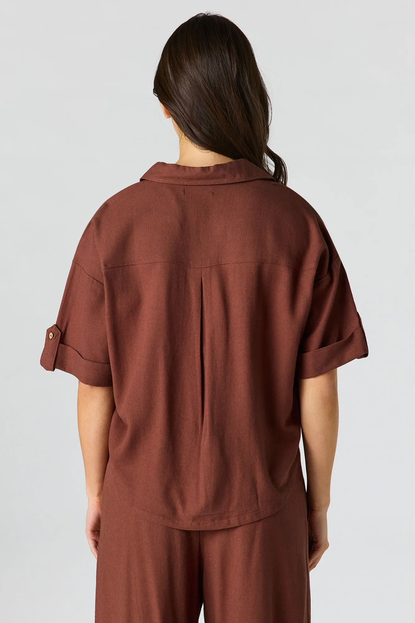 Linen-Blend Button-Up Collared Crop Top sold by Urban Planet product image thumbnail 2