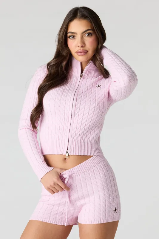 Embroidered Cable Knit 2 Way Zip-Up Sweater sold by Urban Planet