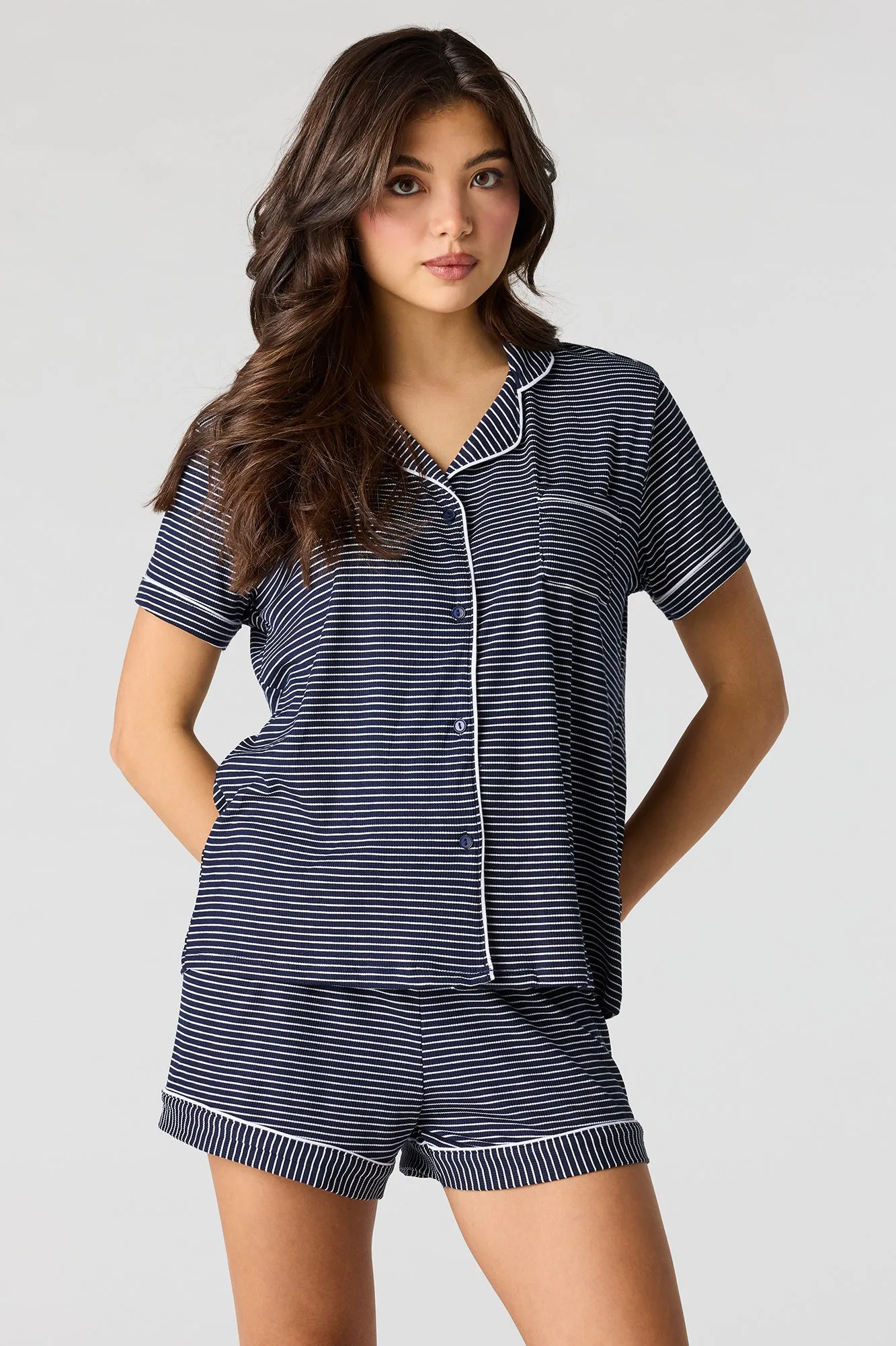 Ribbed Button-Up Top & Short Pajama Set sold by Urban Planet