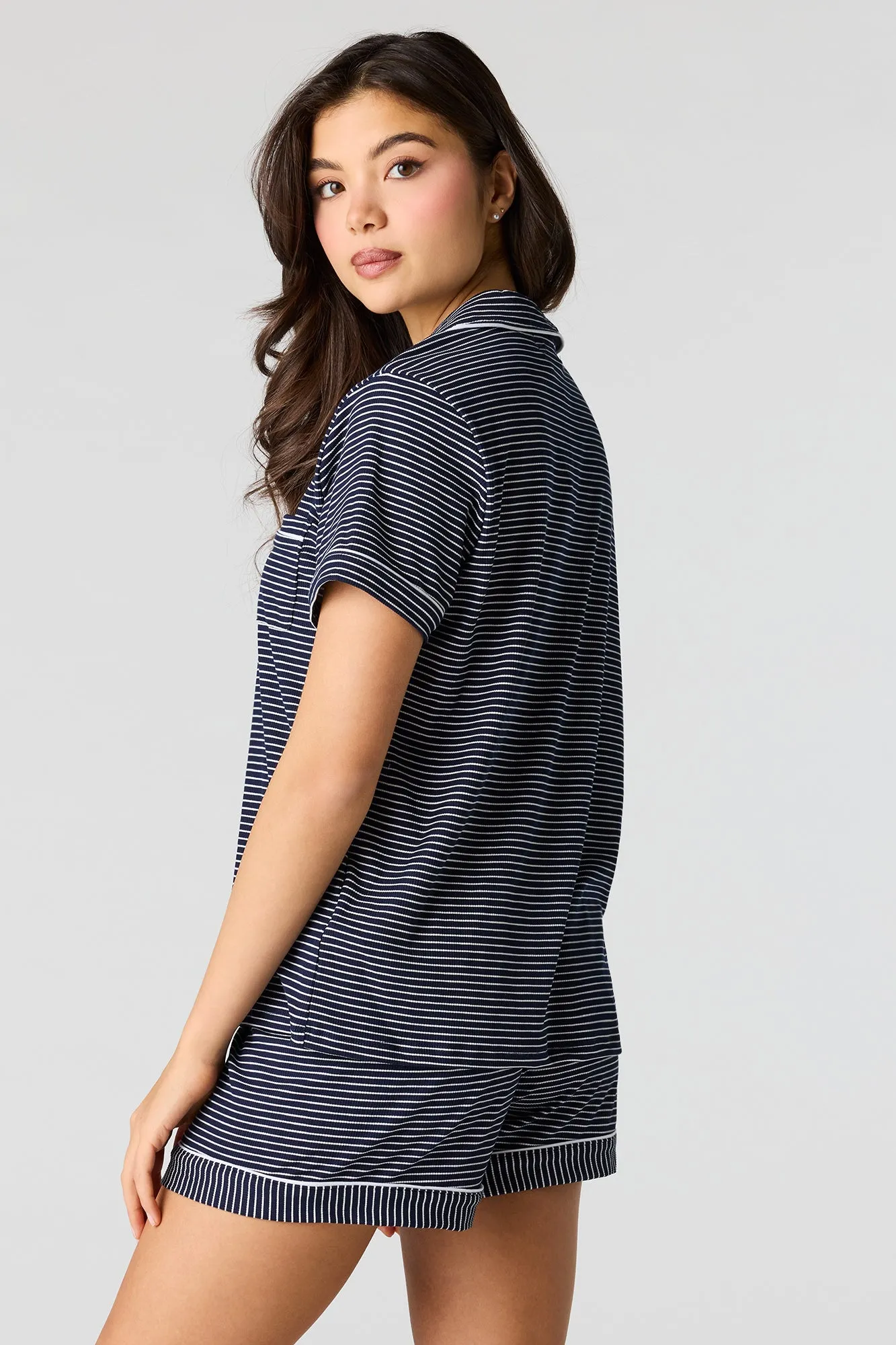 Ribbed Button-Up Top & Short Pajama Set sold by Urban Planet product image thumbnail 2