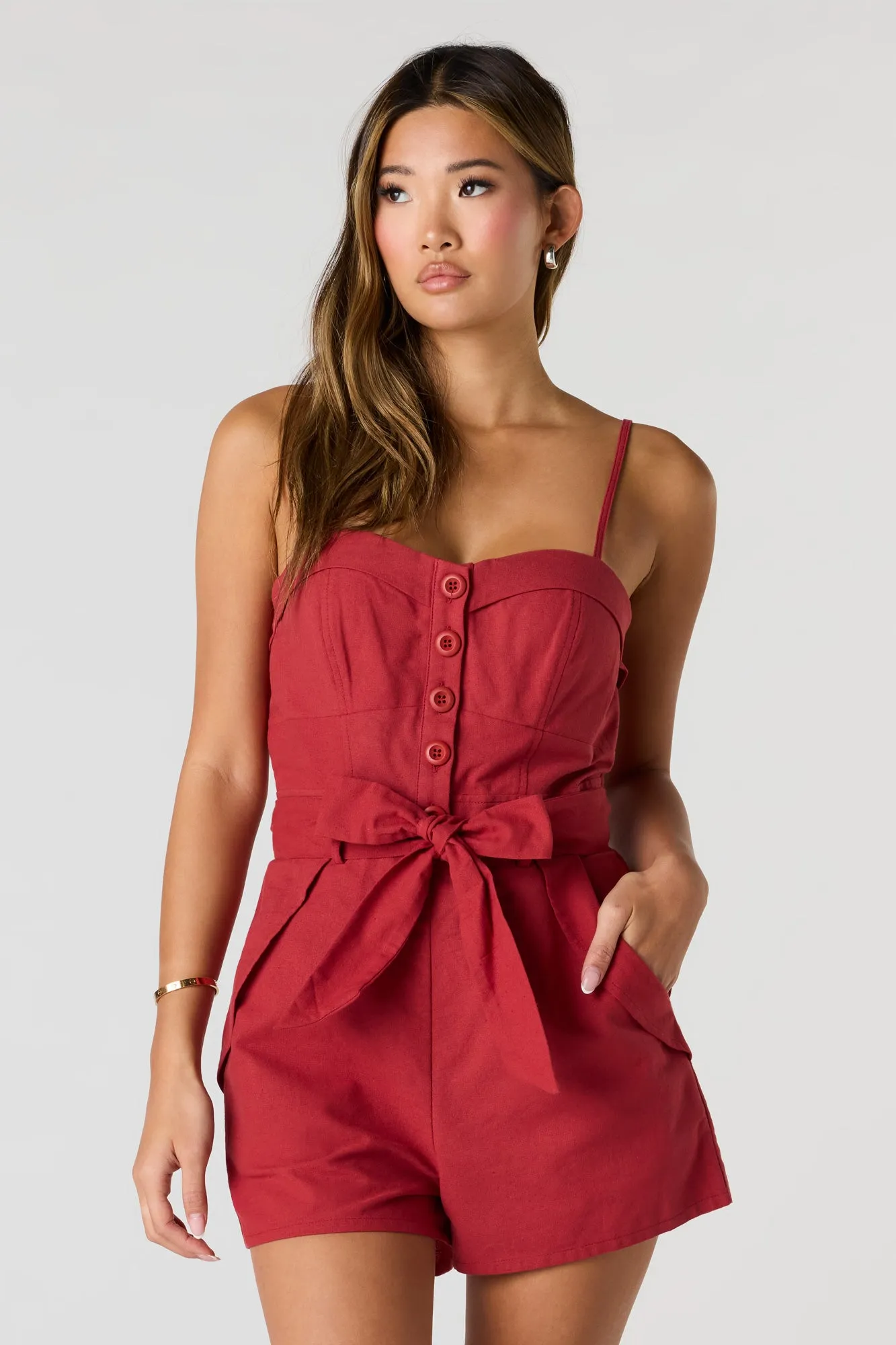 Linen-Blend Belted Romper sold by Urban Planet