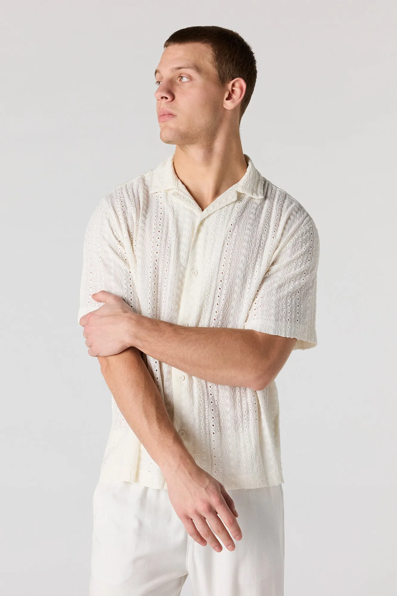 Textured Short Sleeve Button-Up Top sold by Urban Planet