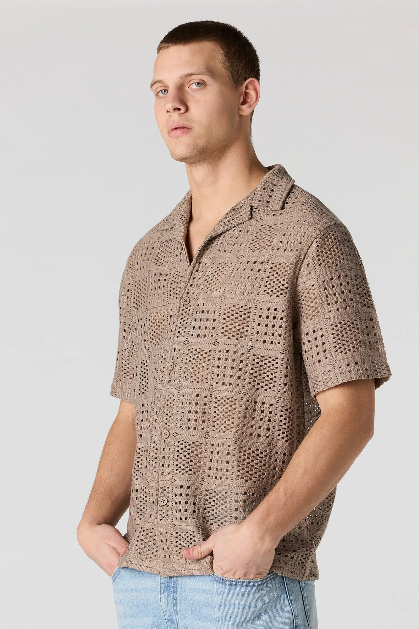 Crochet Short Sleeve Button-Up Top sold by Urban Planet
