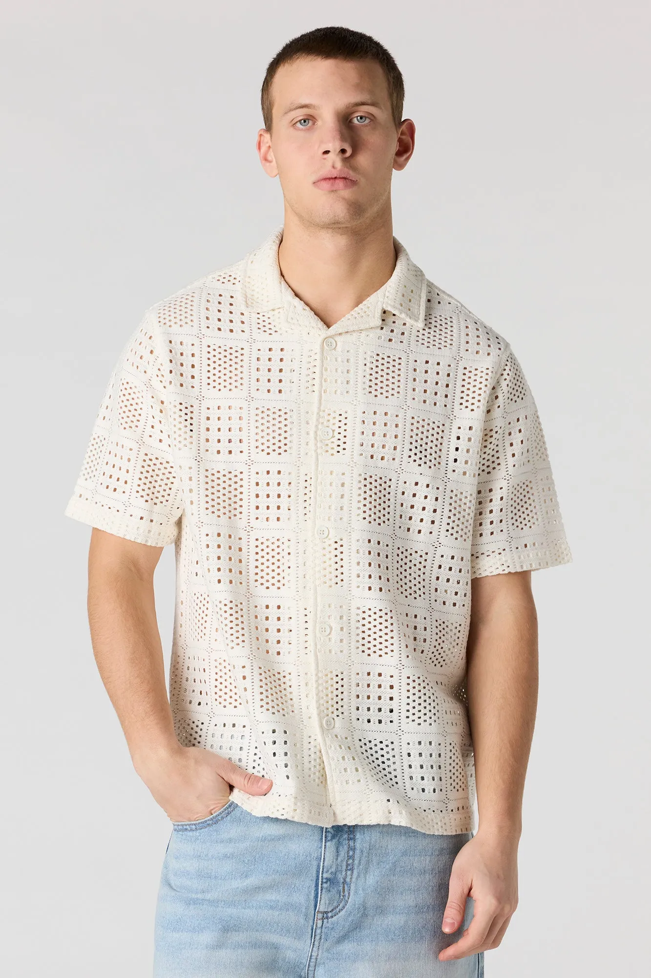 Crochet Short Sleeve Button-Up Top sold by Urban Planet product image thumbnail 4