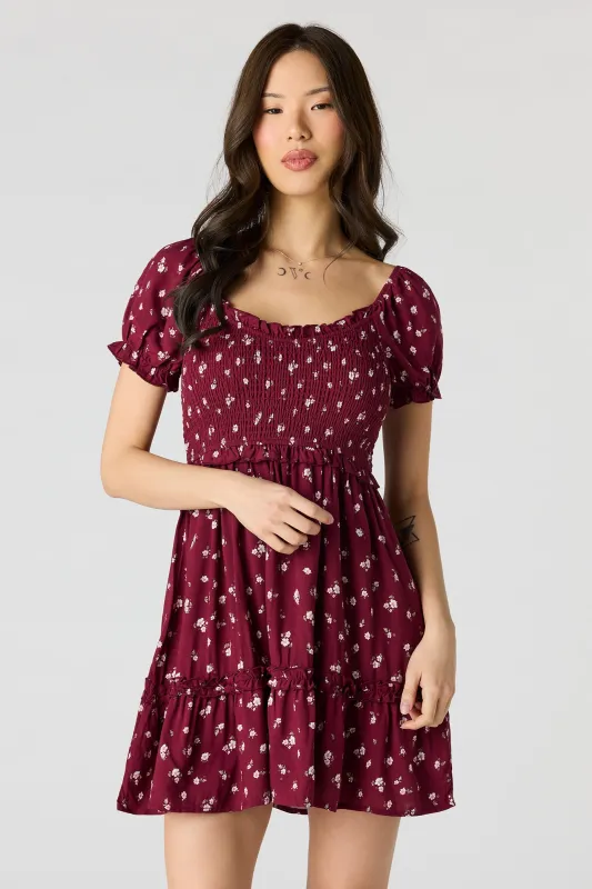 Floral Smocked Ruffle Mini Dress sold by Urban Planet