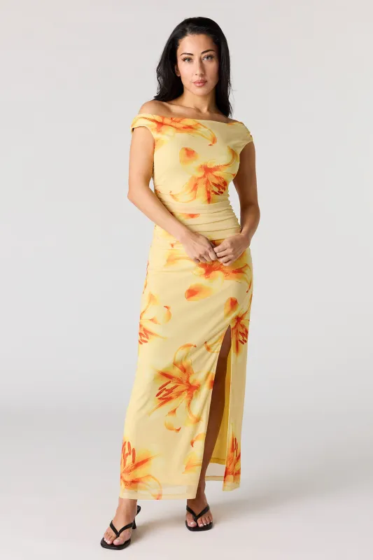 Mesh Ruched Asymmetrical Maxi Dress sold by Urban Planet