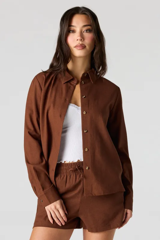 Linen-Blend Button-Up Collared Top made by Urban Planet