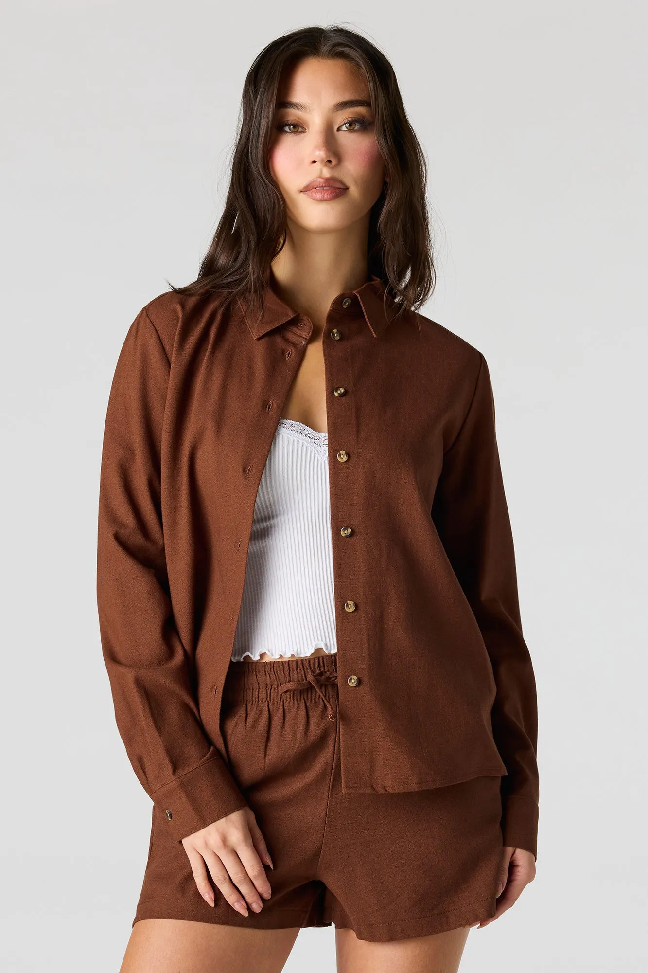 Linen-Blend Button-Up Collared Top sold by Urban Planet