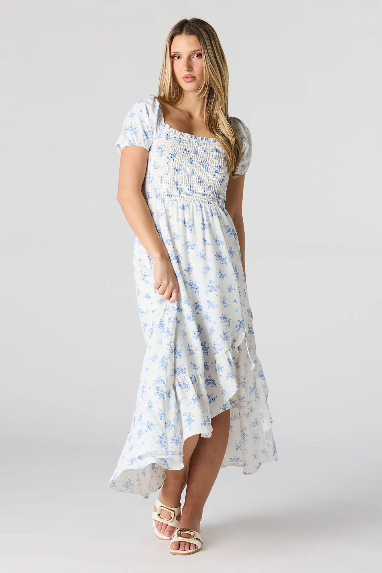 Floral Print Smocked High-Low Dress sold by Urban Planet