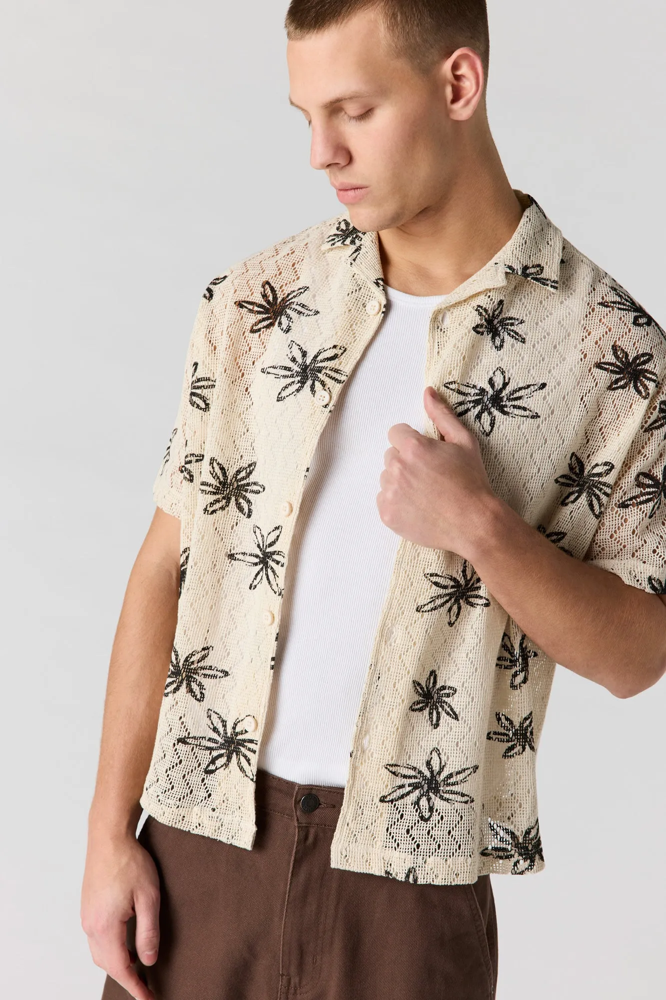 Flower Crochet Button-Up Top sold by Urban Planet