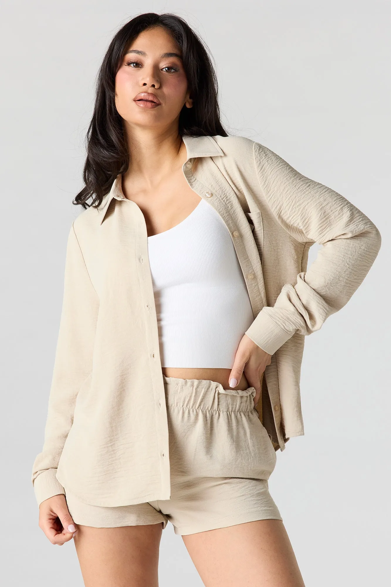 Flowy Button-Up Long Sleeve Top sold by Urban Planet