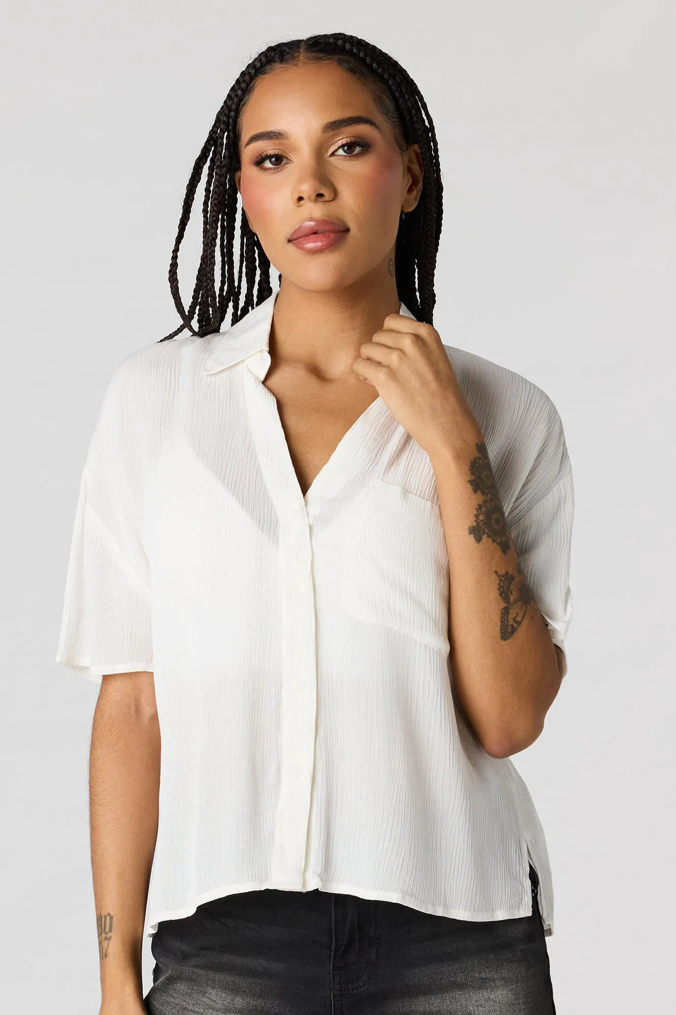 Textured Button-Up Short Sleeve Top sold by Urban Planet