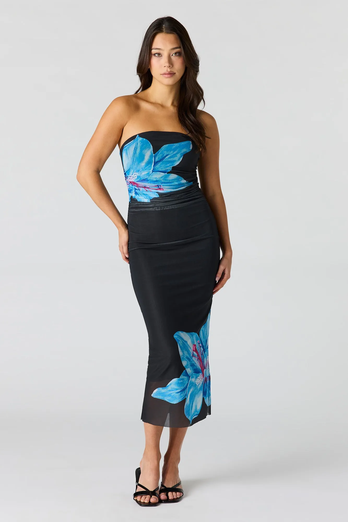 Floral Printed Ruched Mesh Midi Dress sold by Urban Planet product image thumbnail 4