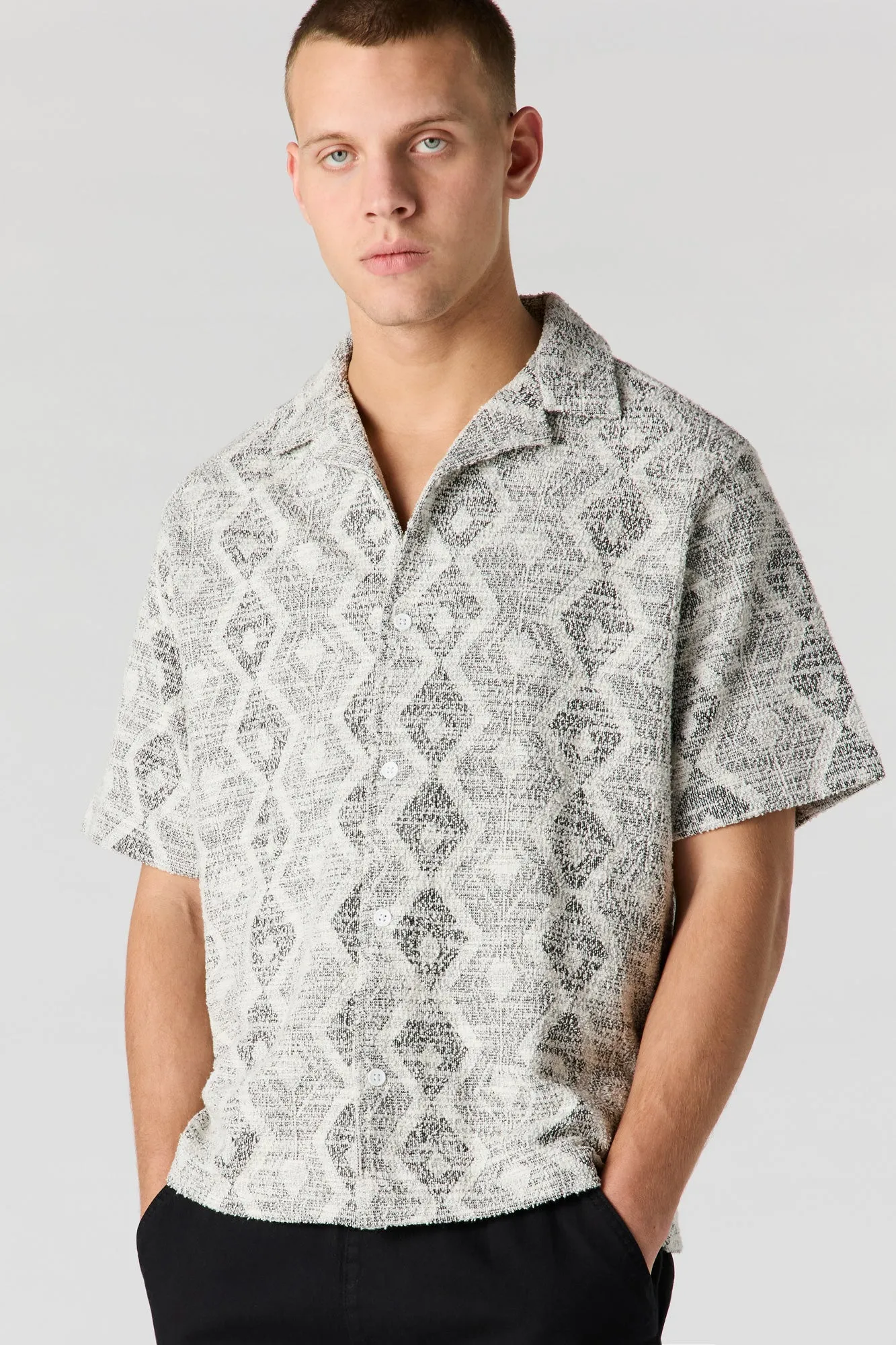 Geo Textured Button-Up Top sold by Urban Planet