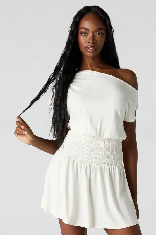 Off-Shoulder Smocked Waist Mini Dress made by Stitches