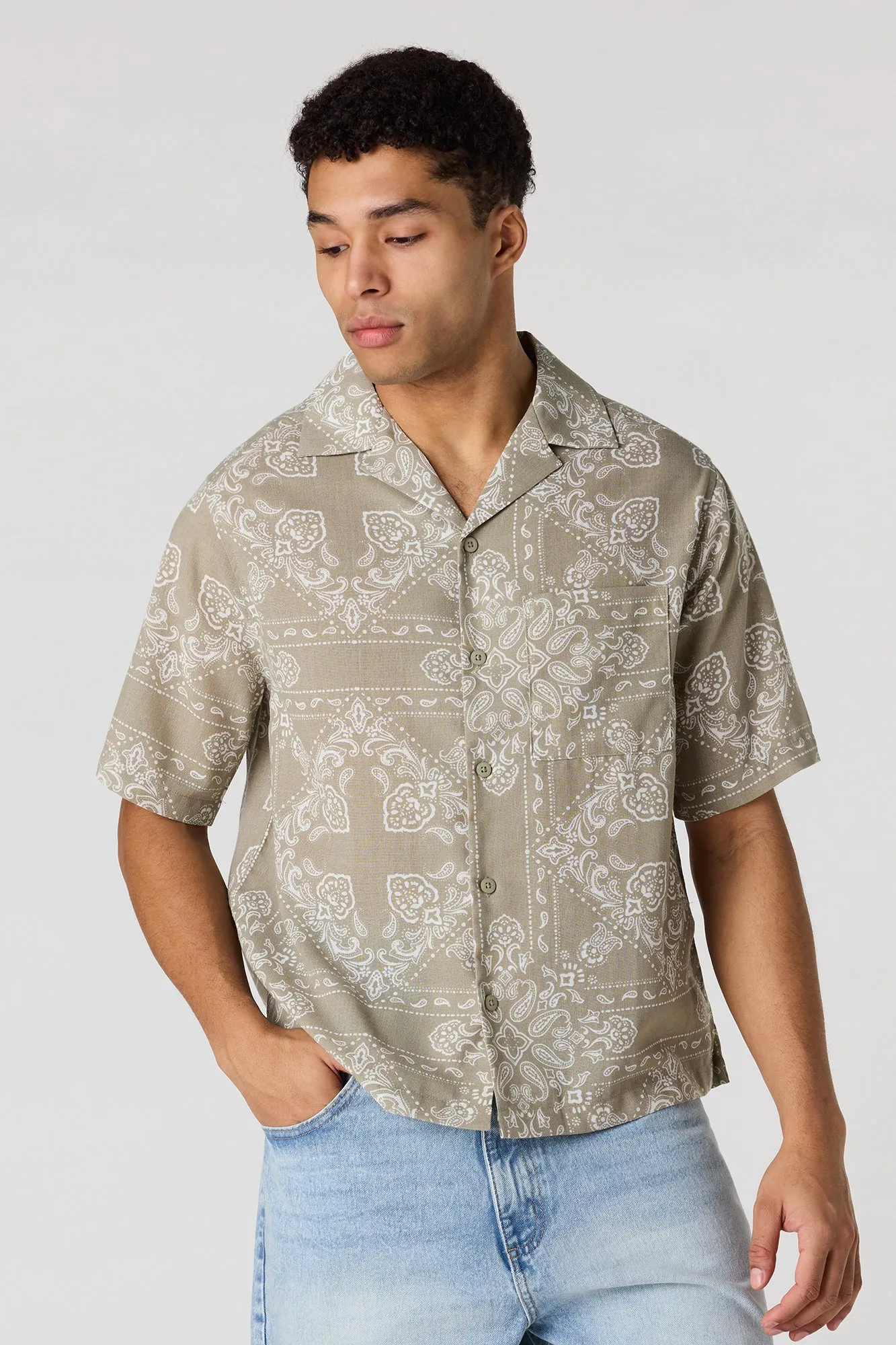 Printed Button-Up Collared Top sold by Urban Planet