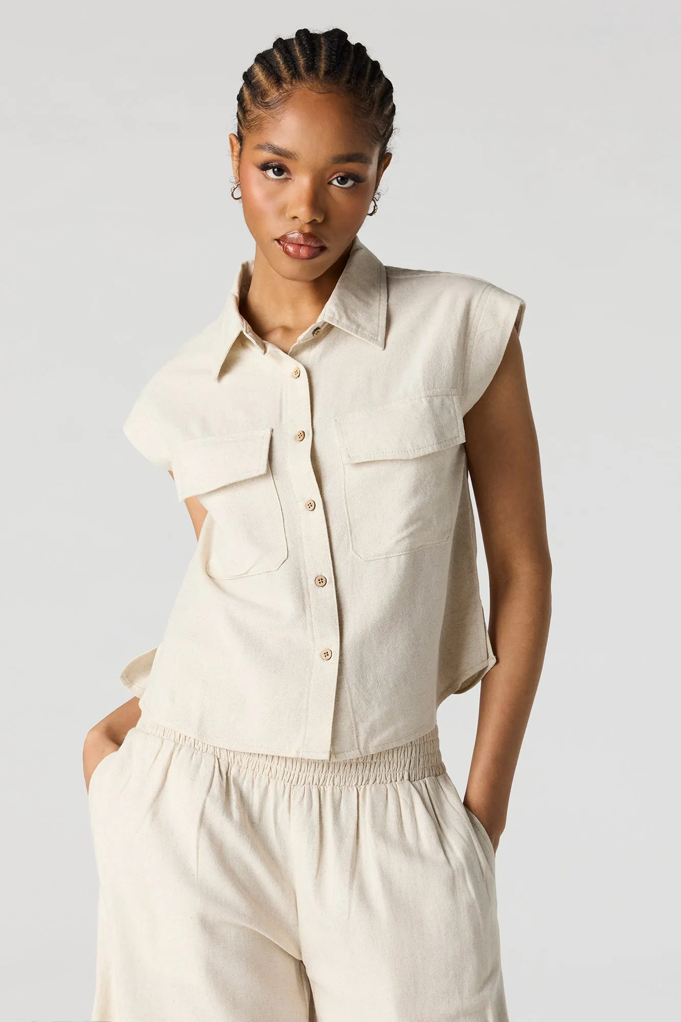 Linen-Blend Button-Up Collared Top sold by Urban Planet product image thumbnail 4