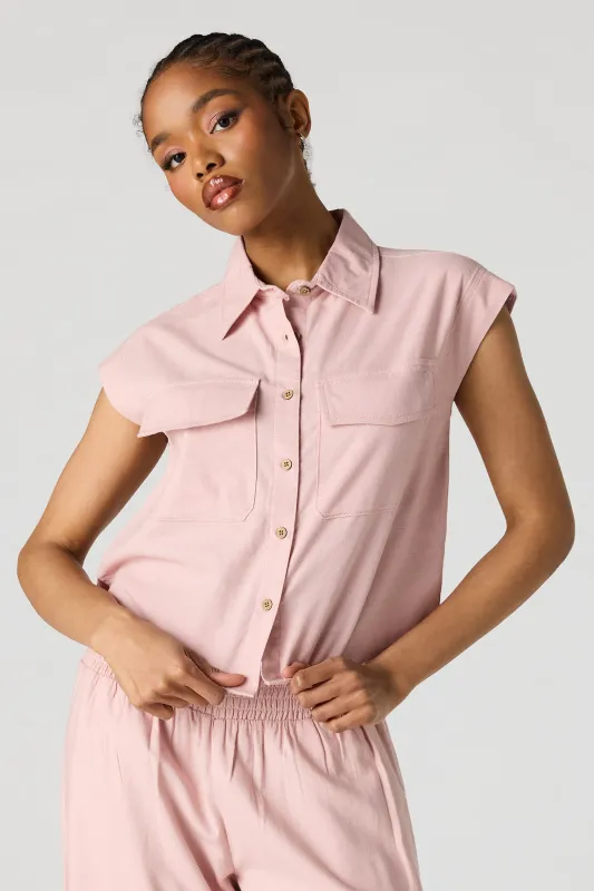 Linen-Blend Button-Up Collared Top made by Urban Planet